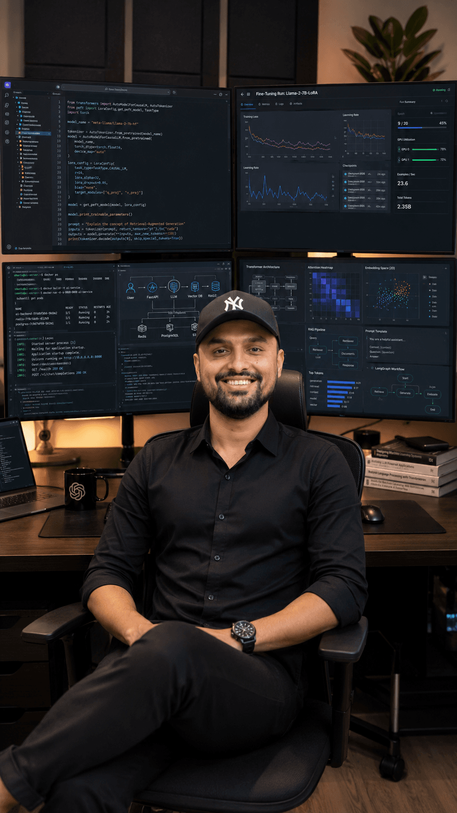 Sijan Paudel at his workstation, surrounded by dashboards showing LLM fine-tuning metrics, a RAG architecture diagram, and production monitoring for an AI engineering platform.